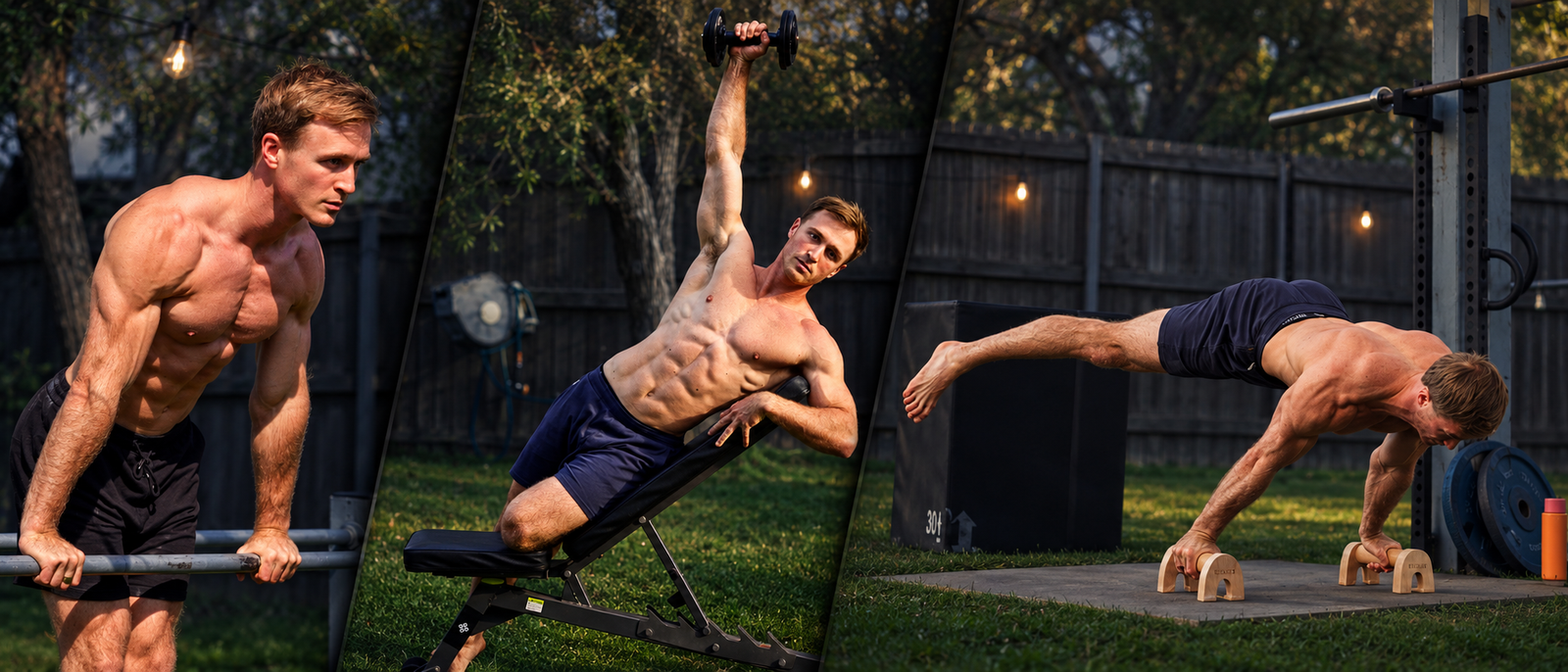 Jake Williams performing a dip, a dumbbell side bend and a planche