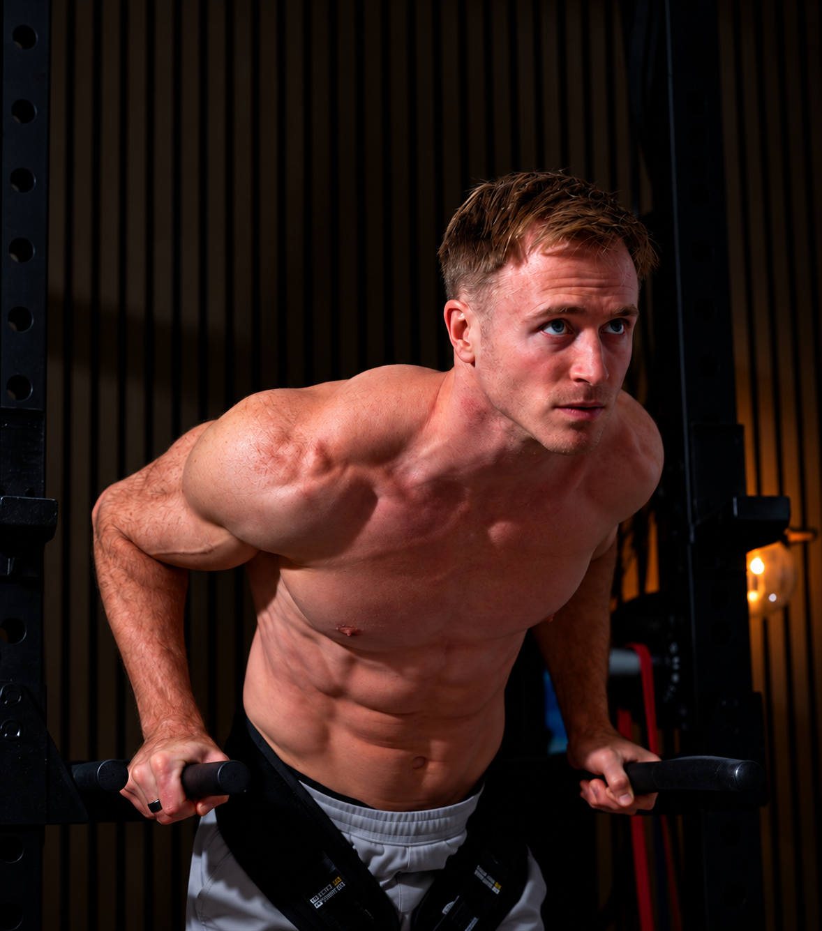Jake Williams performing a dip against a dark gym background
