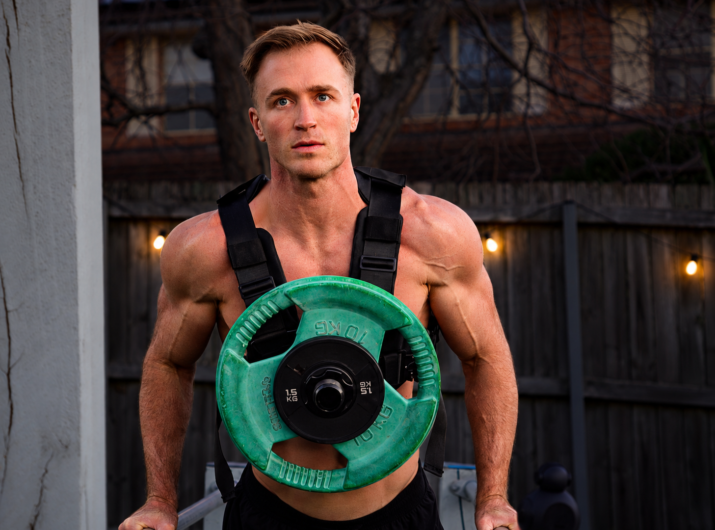 Jake Williams facing the camera while training with a weighted vest